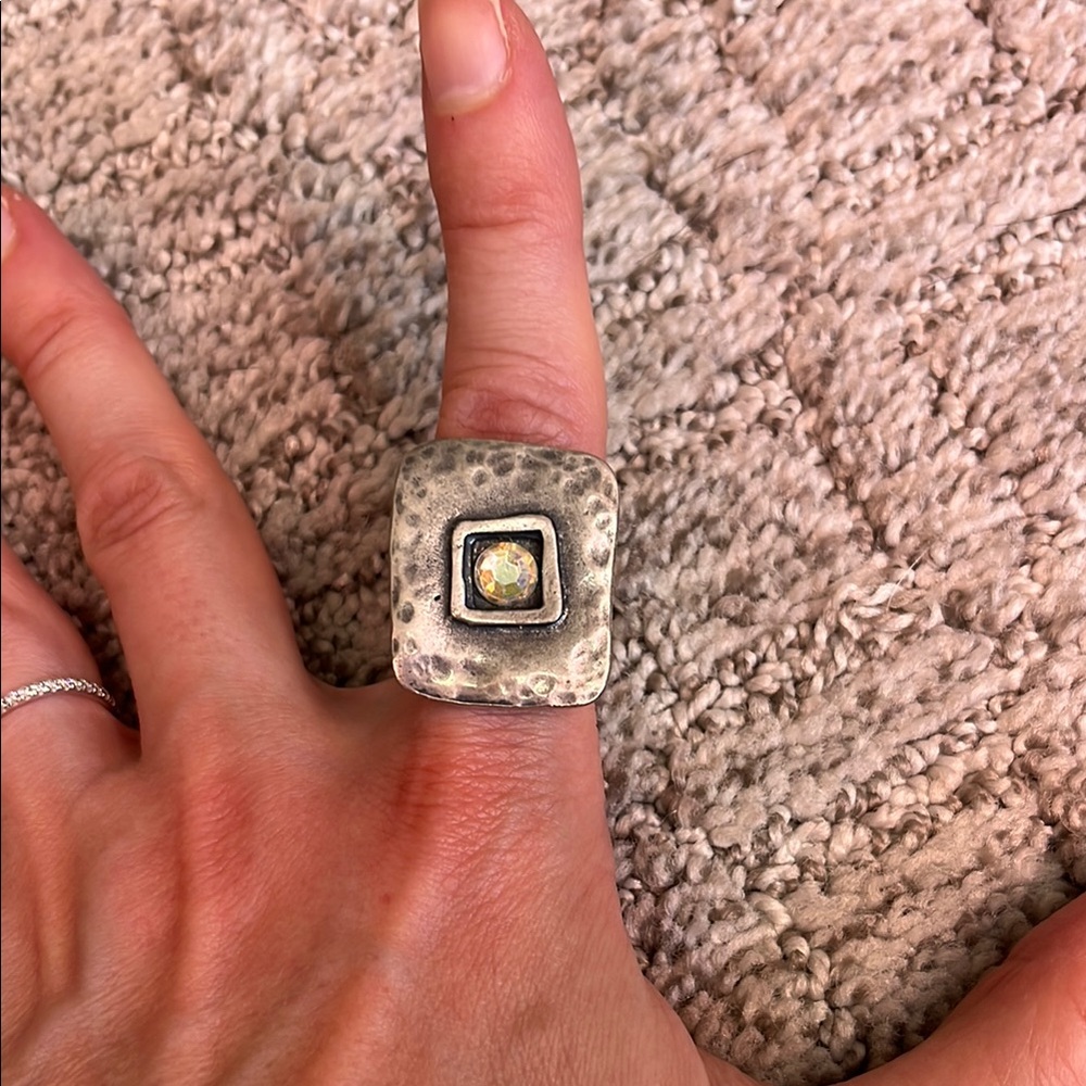 Silver Square Hammered Ring with Stone